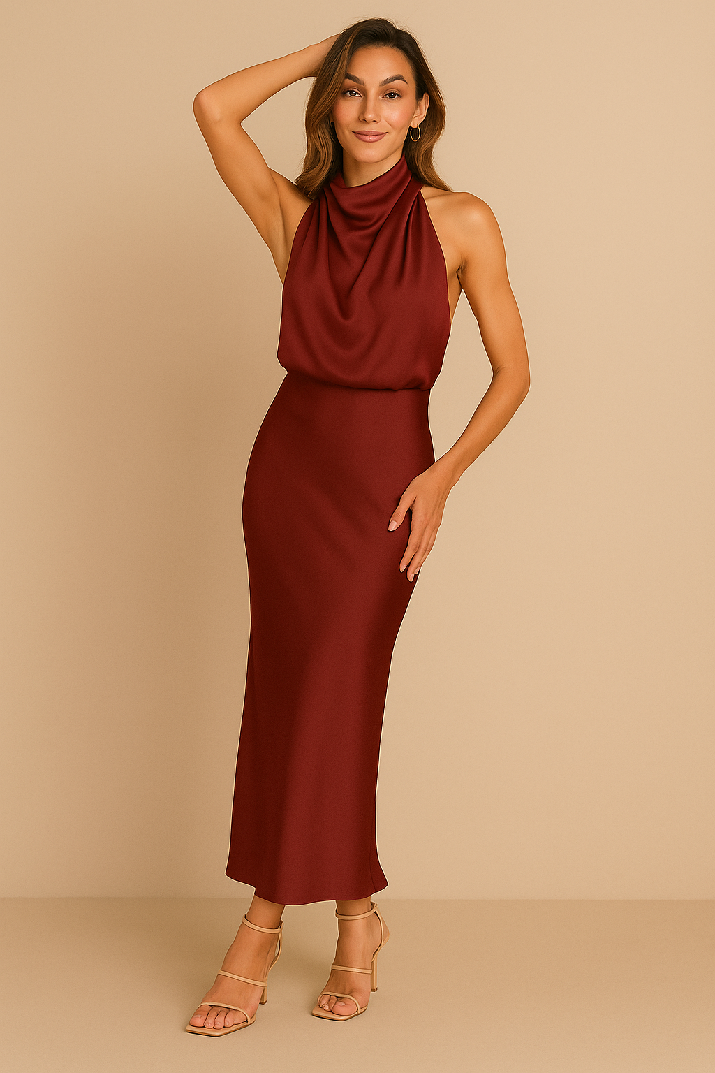 EVAENA | Halter Neck Satin Maxi Dress
