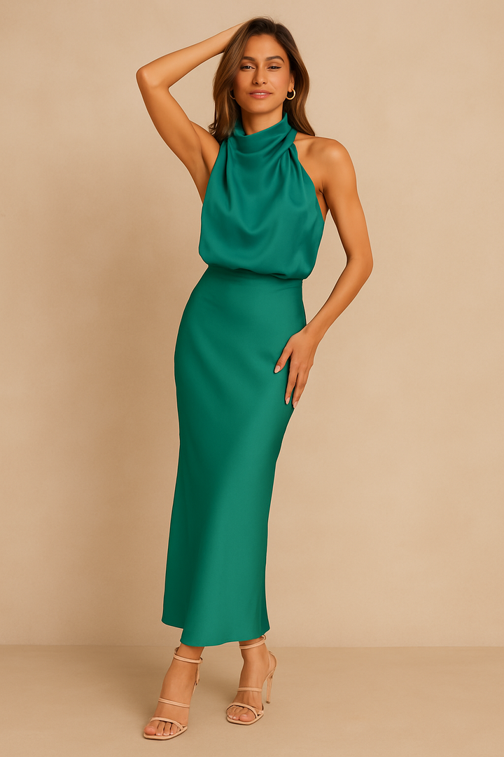 EVAENA | Halter Neck Satin Maxi Dress
