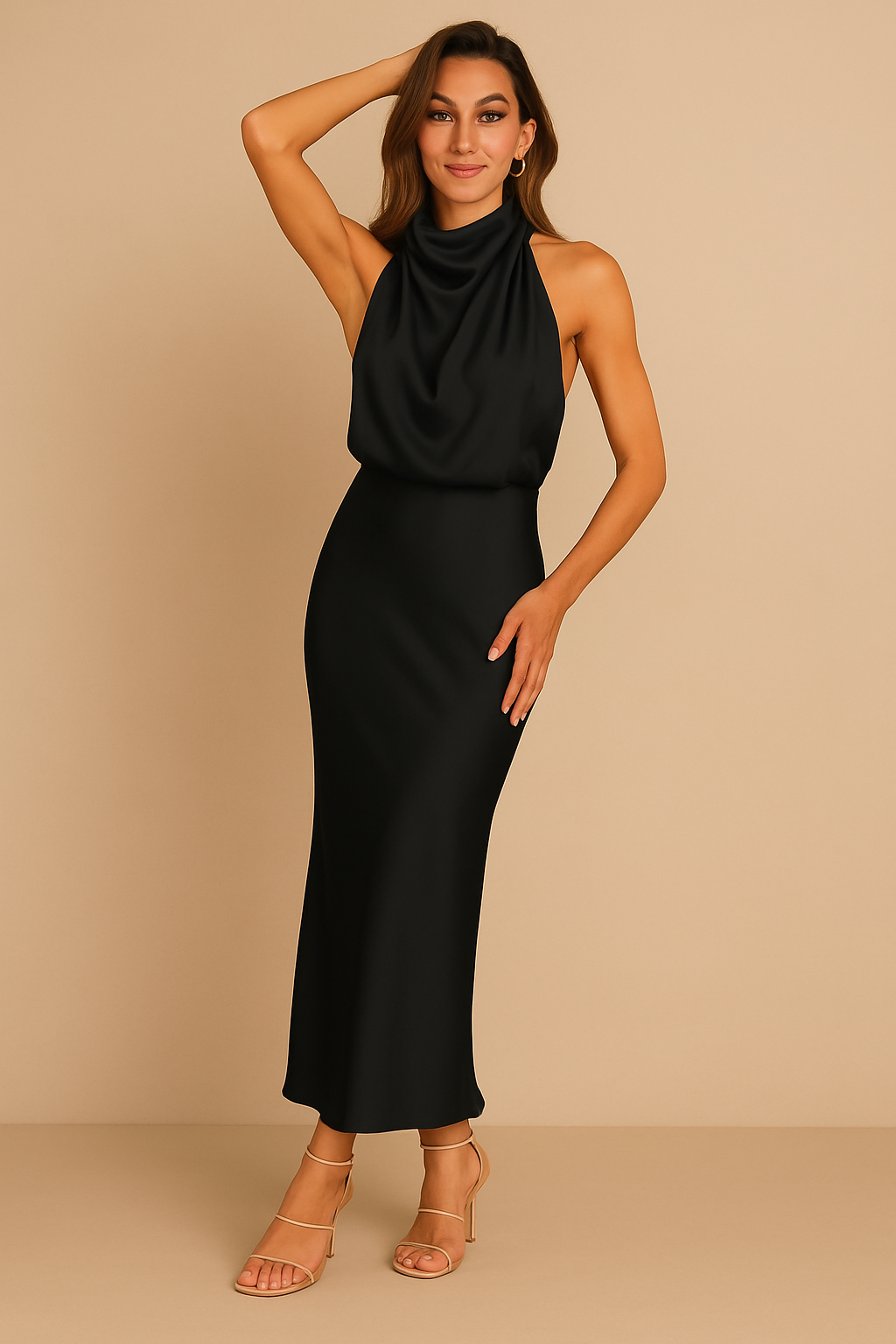 EVAENA | Halter Neck Satin Maxi Dress