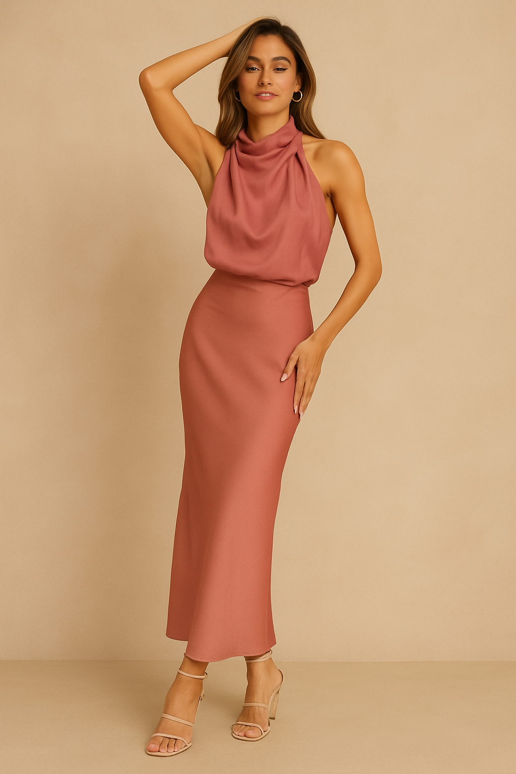 EVAENA | Halter Neck Satin Maxi Dress