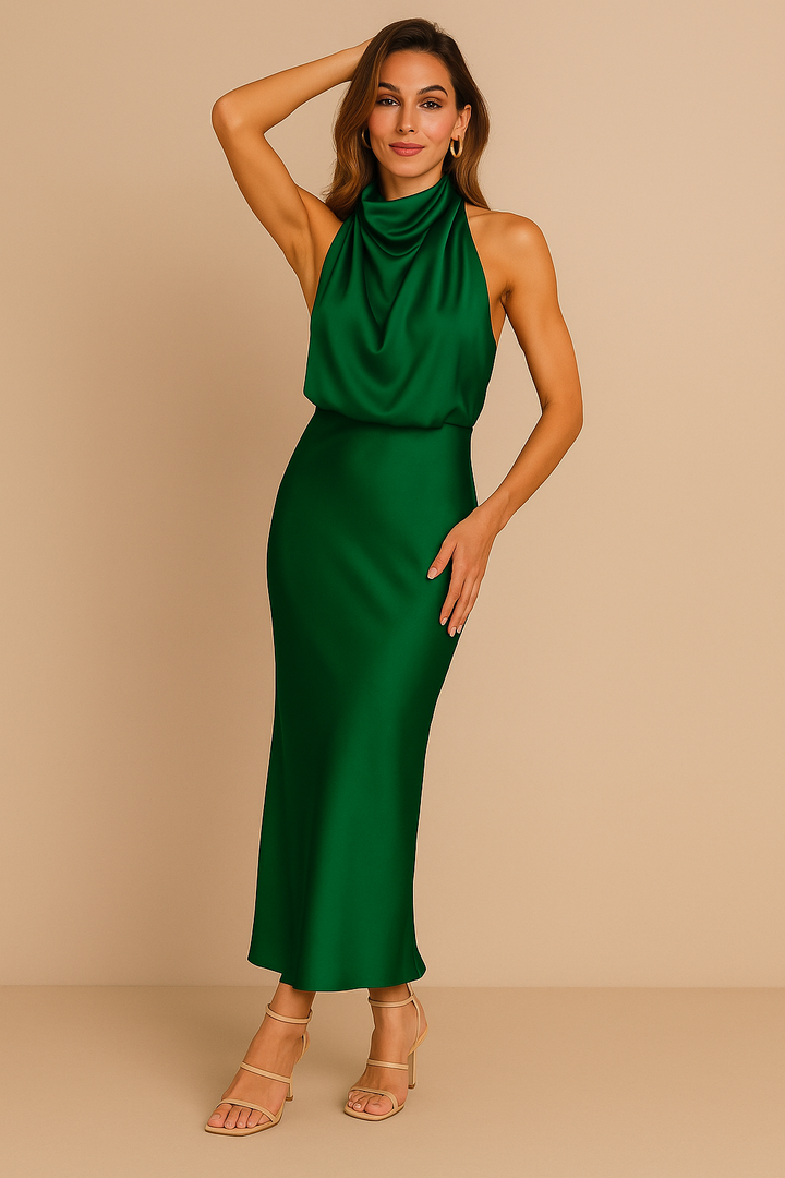 EVAENA | Halter Neck Satin Maxi Dress