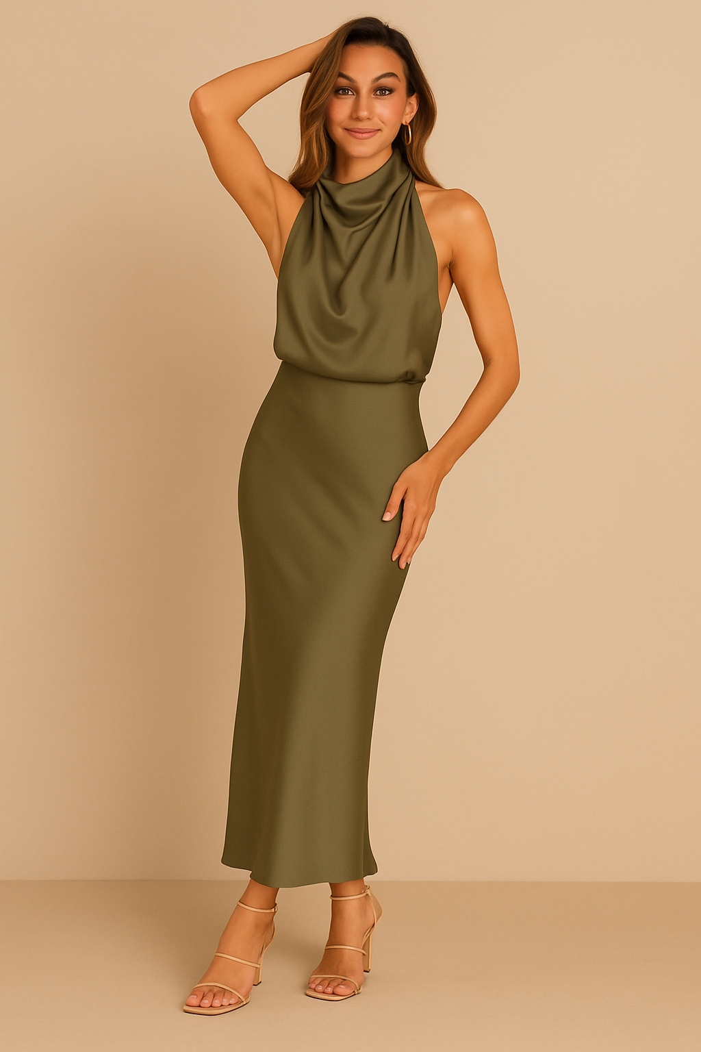 EVAENA | Halter Neck Satin Maxi Dress