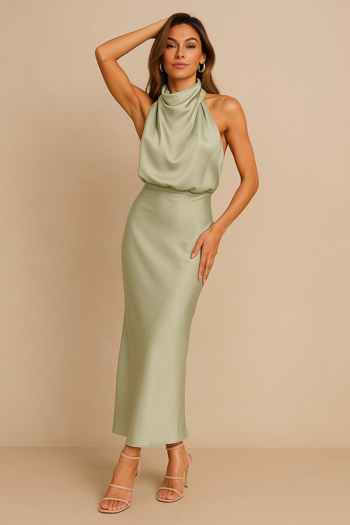 EVAENA | Halter Neck Satin Maxi Dress