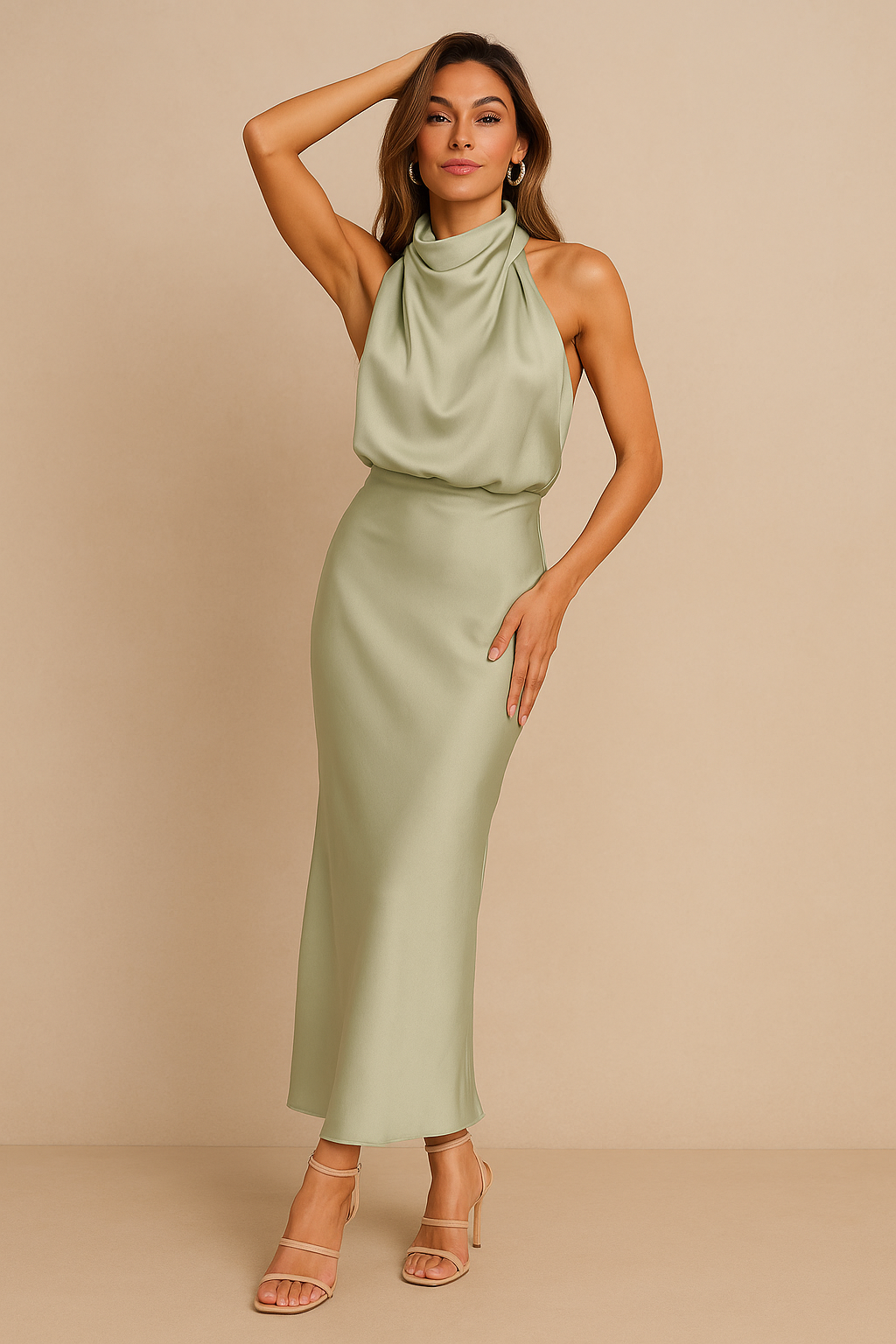 EVAENA | Halter Neck Satin Maxi Dress